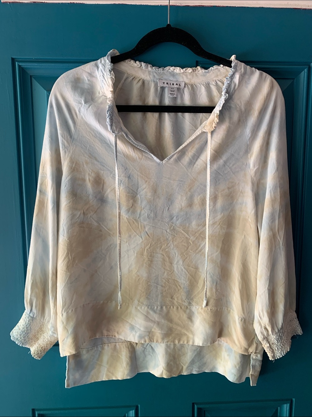 Tribal Tye-Dye Print Ruffle Collar Blouse